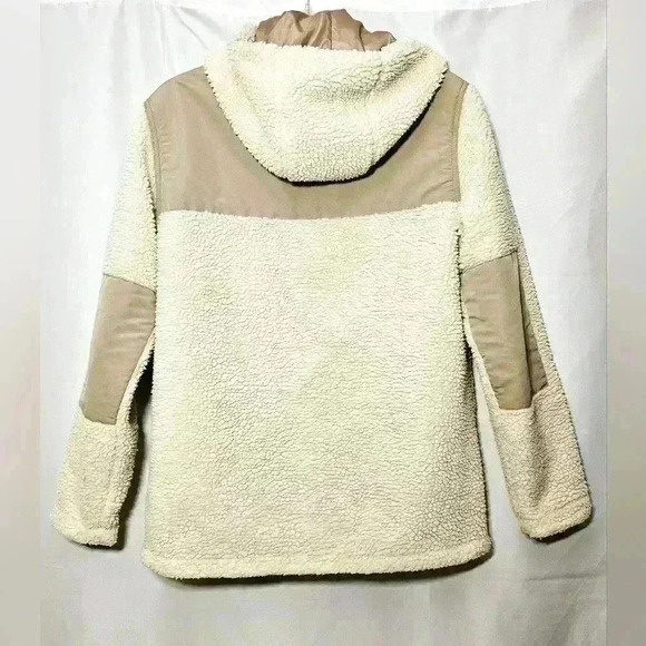 🛑 H&M Womens Faux Fluffy Fur Sherpa Teddy Cream Tan Zip Hooded Jacket Small - Picture 6 of 8